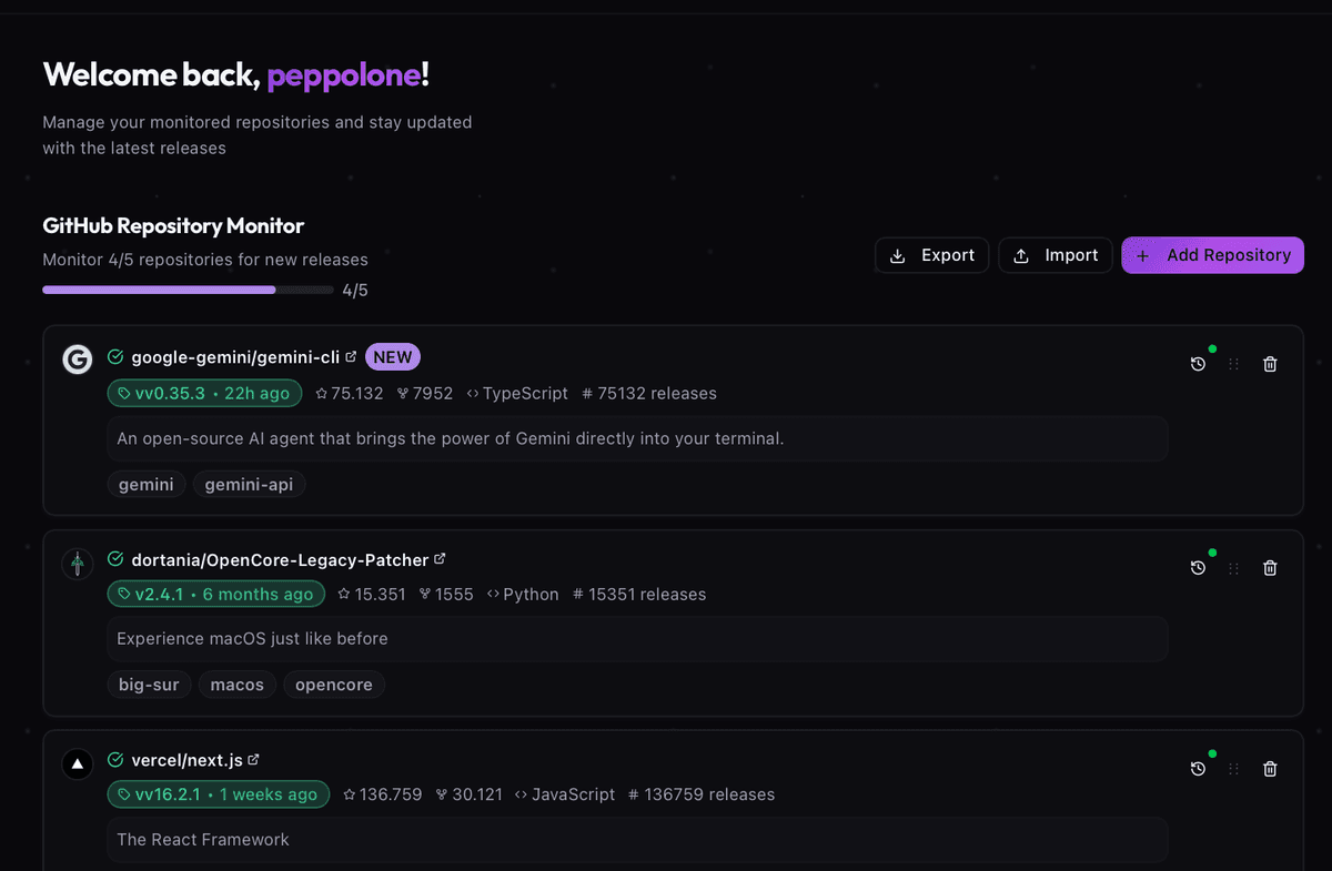 GitWatchman dashboard showing monitored GitHub repositories with release status, stars, and notification controls